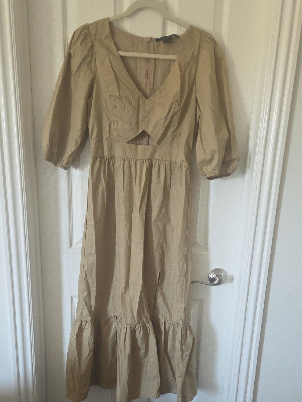 French Connection Beige Maxi Dress with Puff Sleeves and Front Cutout